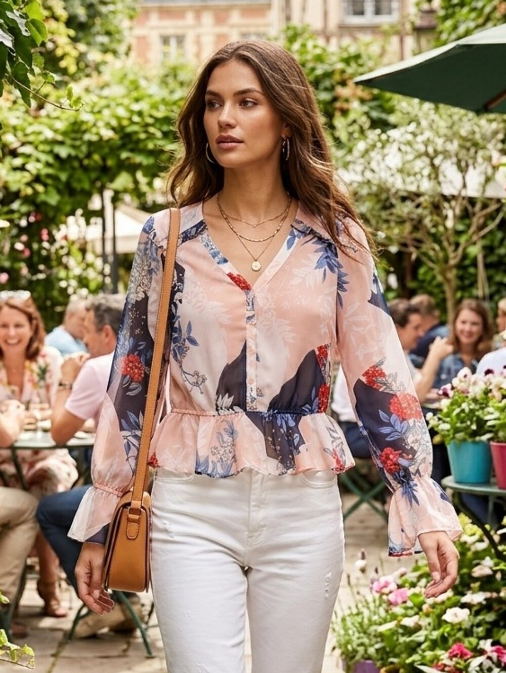 Guess Women's Pink Feminine Boho Floral Chiffon Peplum Blouse Size S